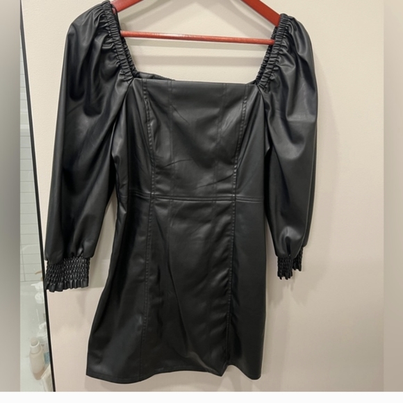 Avec Les Filles | Dresses | Black Faux Leather Dress puff sleeve - Picture 1 of 4